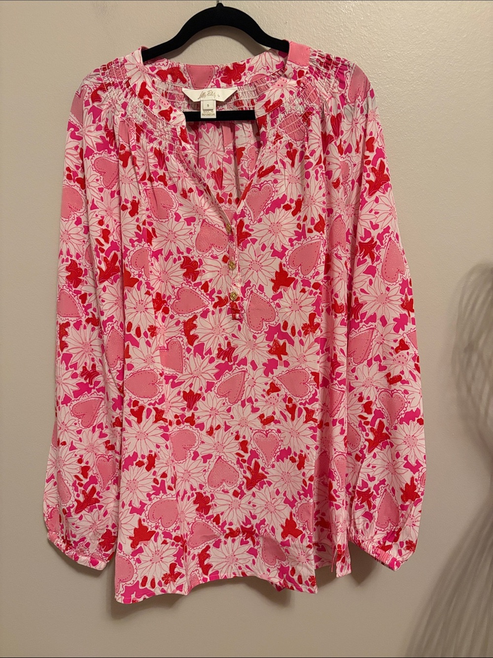 Lilly Pulitzer Pink and Red Floral and Heart Silk Blouse